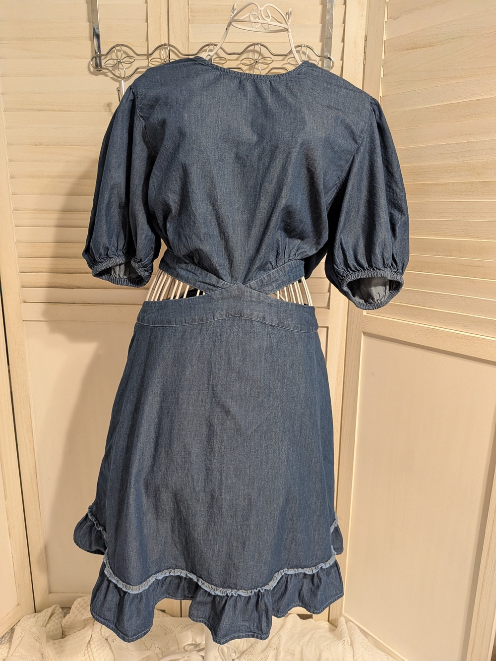 New York & Company Dark Blue Denim Midi Dress with Puff Sleeves (XXL)